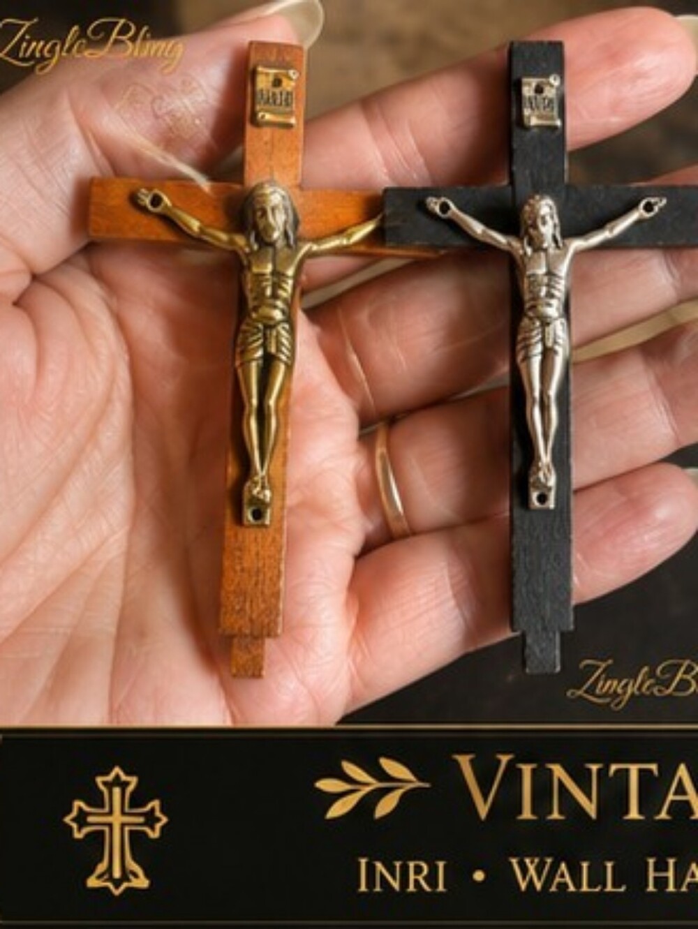 Pair Vintage Wooden Wall Crucifixes Catholic Christian INRI Crosses Mid-Century - Picture 2 of 13